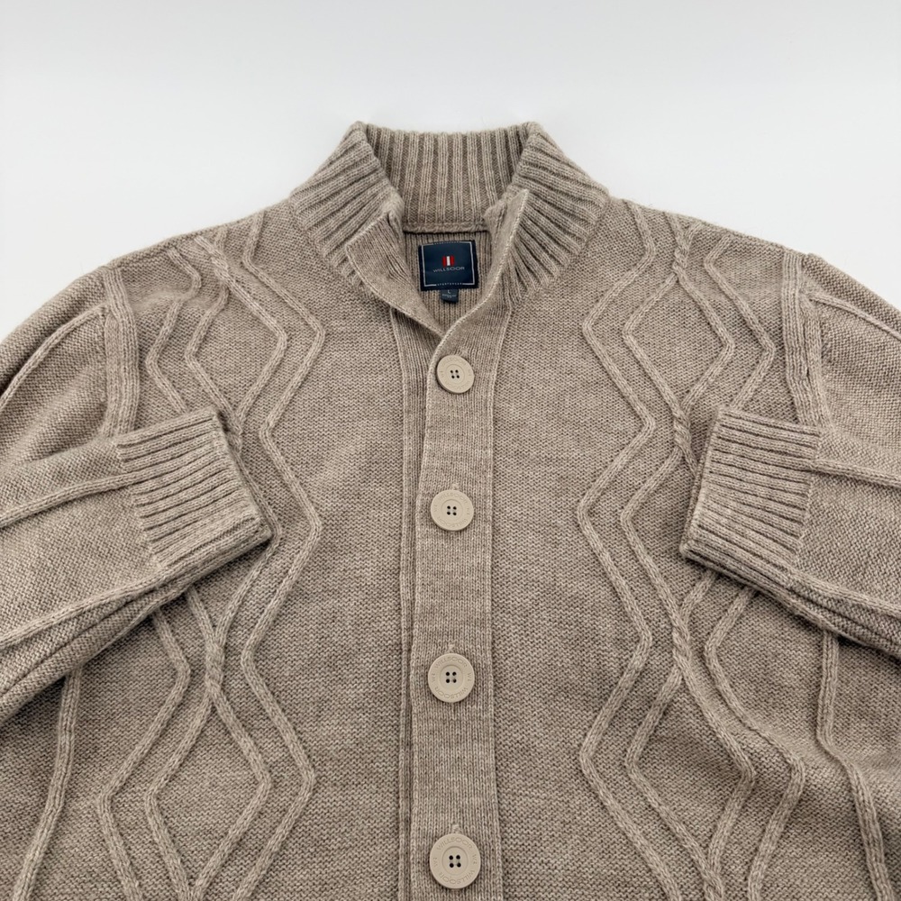 Willsoor Alpaca Wool Blend Cable Knit Cardigan Sweater Mock Neck Large Taupe